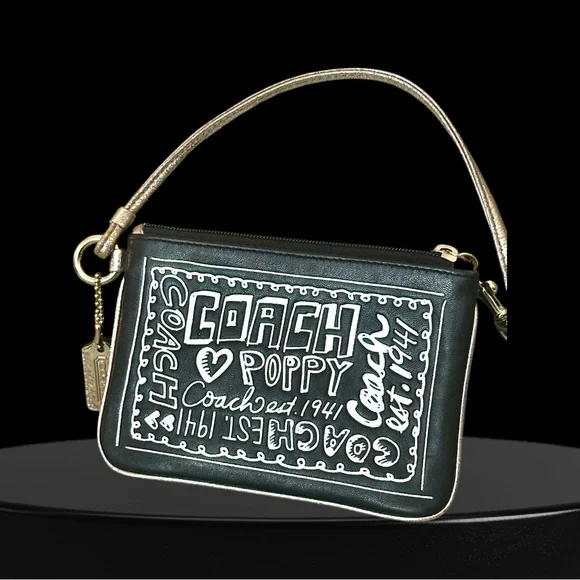 Coach Poppy Black & Gold Bag Convertible Wristlet With Metal & Leather Hang Tags - Picture 3 of 11